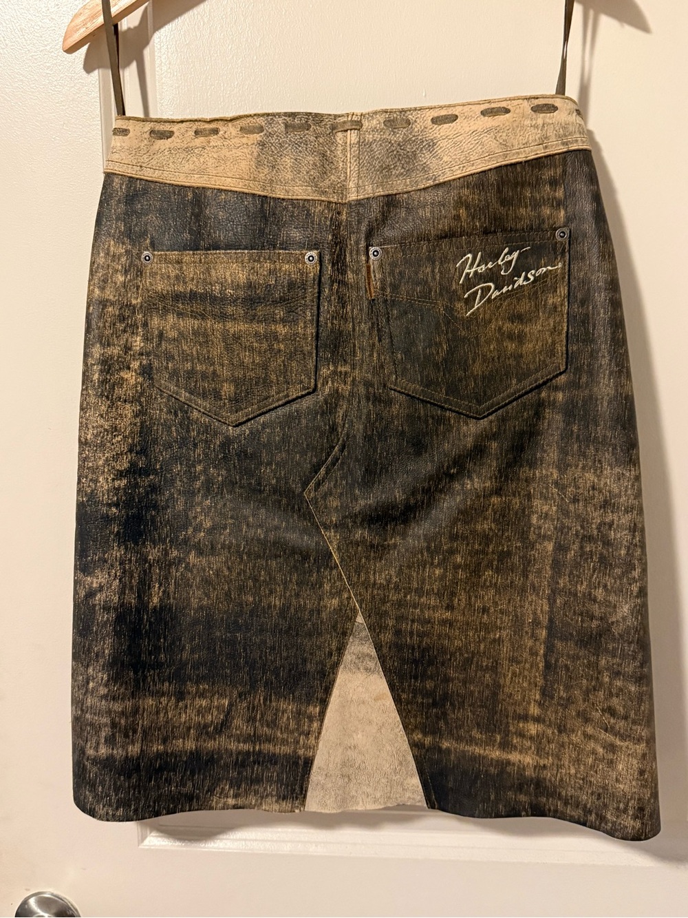 Harley-Davidson Distressed Brown Leather Pencil Skirt with Side Studs